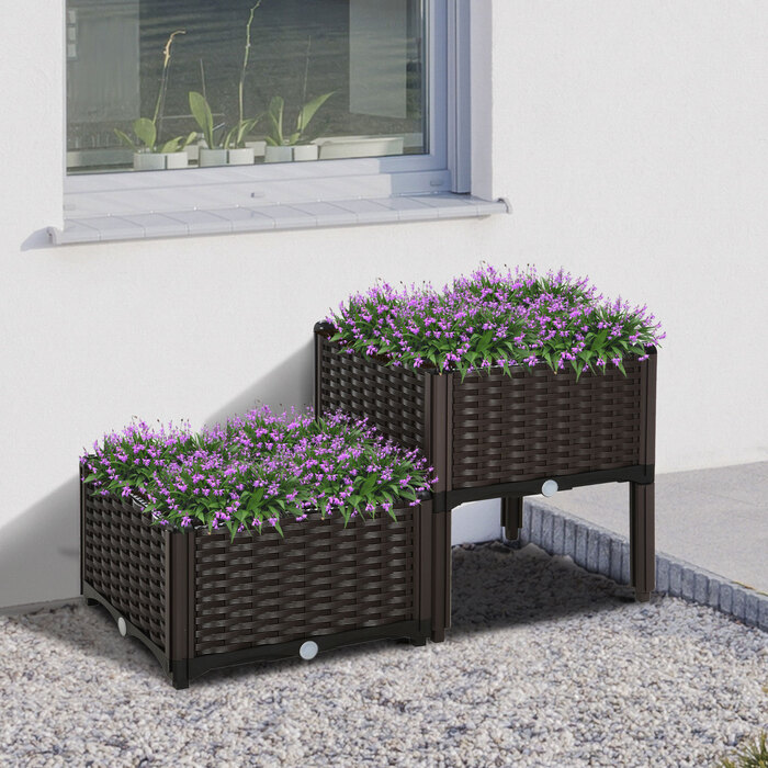 Outsunny Піднята грядка Подвійна коробка для кашпо Ротанг Look 80x40x44см з дренажними отворами з ПП в коричневому кольорі для саду, балкона