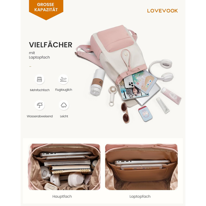 LOVEVOOK Рюкзак для жінок, легкий шкільний рюкзак для підлітків з відділенням для ноутбука 15.6 дюймів, жіночий рюкзак для навчання, подорожей, роботи (M-15.6 дюймів, Рожевий + Бежевий)