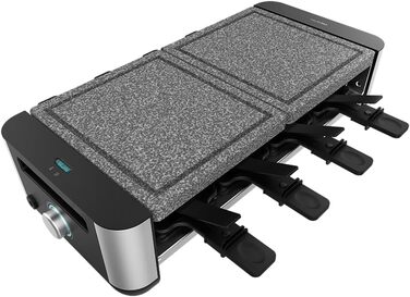 Електричний гриль-ракушетка Cecotec Raclette Cheese&Grill 16000 Inox на 8 осіб, 1400 Вт, з регулюванням температури, 2 грильні пластини (алюміній 20x22 см та натуральний камінь 20x22 см), 8 сковорідок та 8 лопаток