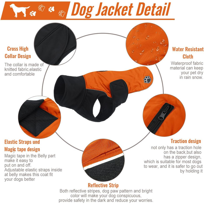 Пальто для собак ALAGIRLS зимове водонепроникне, світловідбиваюче, із захистом живота, помаранчеве M
