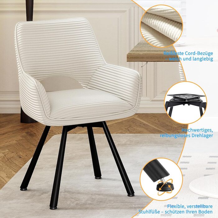 Набір обідніх стільців 4 шт. з поворотним механізмом 360°, стільці з підлокітниками на металевих ніжках, підходять для обідньої кімнати, м'які стільці з велюру, бежевого кольору