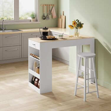 Стіл-бар WOLTU з шухлядою та полицями, вітрина для вина, кухонний стіл для бару, кухні, вітальні, їдальні (90 x 50 x 120 см, білий + світлий дуб)