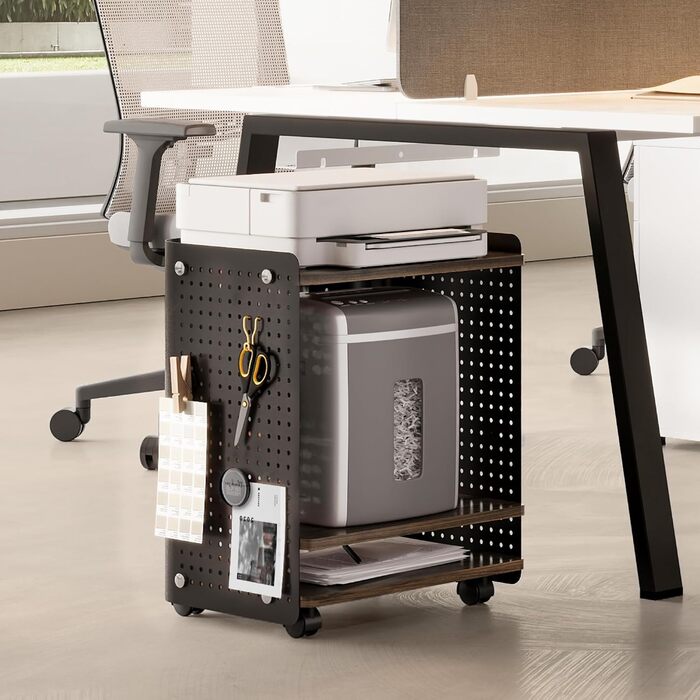 Робочий стіл для принтера Fenge з колесами, мобільний тримач для принтера з перфорованою панеллю, 3 рівні, стійка для принтера/рол-контейнер з органайзером, полиця, шафа для офісу та дому, 45,3x33,5x53,5 см (Коричневий+Чорний)