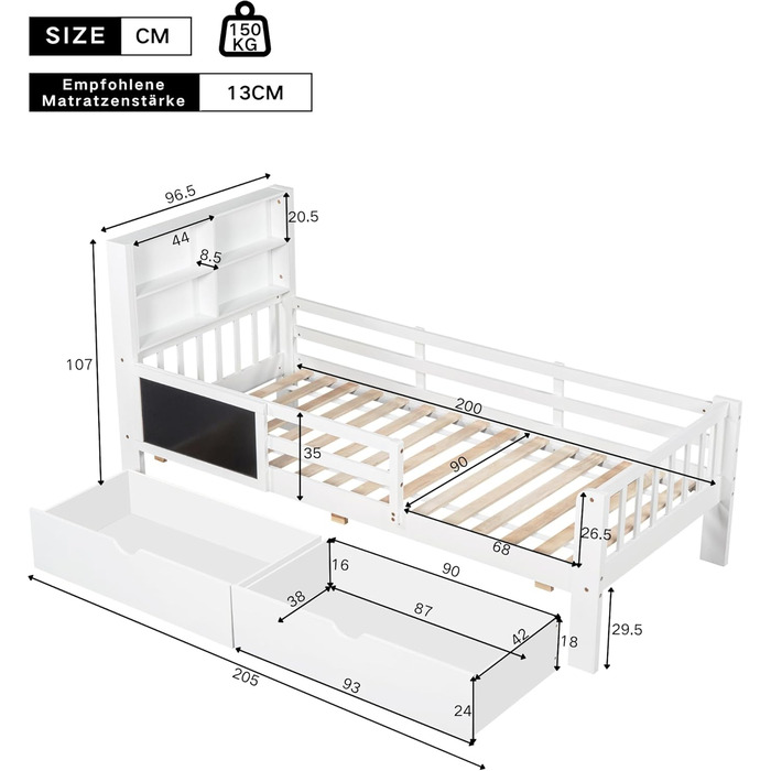 Дитяче ліжко Кiндербет 90x200 з шухлядами, полiцями та захистом, бiле. Ліжко-трансформер для підлітків, бiле, без матраца