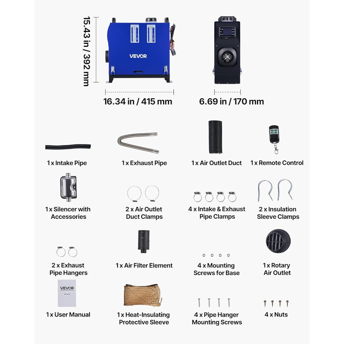 Дизельний опалювач VEVOR 8 кВт, 12/24 В, портативний, з пульт. та LCD, 5л, для авто, вантажівок, кемперів, блакитний