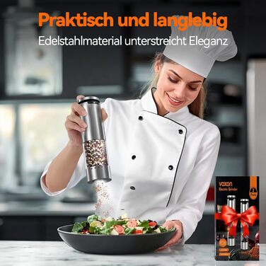 Електричні воксайон (VOXON) набори для солі та перцю (2 шт.) з USB-зарядкою, велика ємність, регулювання помелу, керамічний млин, LED-підсвітка, для барбекю, ресторану, кухні, сріблясті