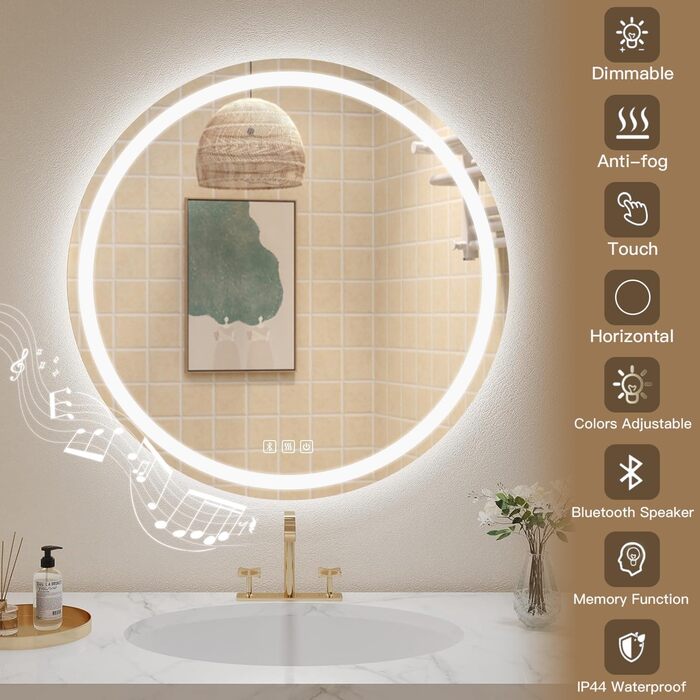 Дзеркало для ванної кімнати Habison з підсвічуванням 70x70 см LED, з годинником, сенсорним вимикачем, регулюванням яскравості, захистом від запотівання, 3-х кратним збільшенням, Bluetooth, 3 кольори світла