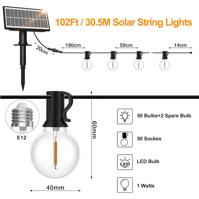Сонячні струнні ліхтарі SUWIN зовнішня, 18 м, 302 LED G40, водонепроникні, 4 режими, USB, сонячна, сад, вечірка
