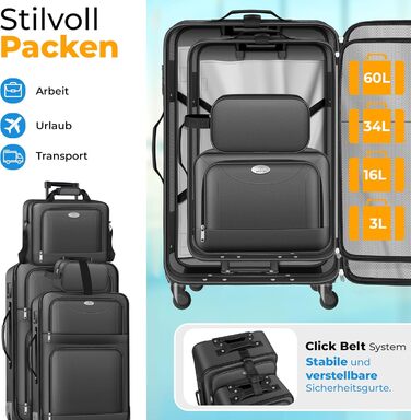 Набір валіз KESSER® 4 шт. | Чотири валізи з тканини з кодовим замком TSA, 360° колесами та телескопічною ручкою | Косметичка, ручна валіза та великі валізи для подорожей та бізнесу (Антрацит)