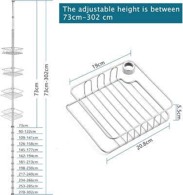 Телескопічна душова полиця HOUHA, металева кутова з 4 кошиками, регулювання висоти 73-302см, срібло