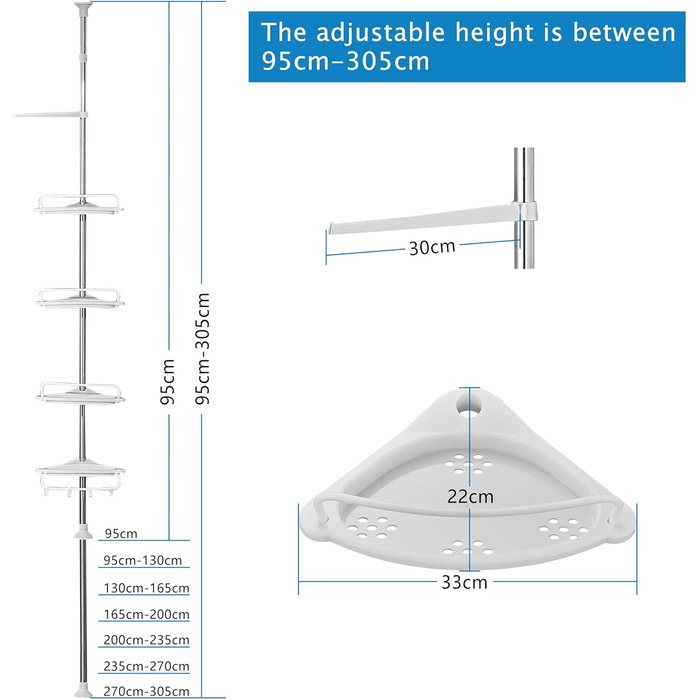 Регульована по висоті душова полиця без свердління, нержавіюча сталь, 4 кошики, рушникосушка, 95-305см, біла