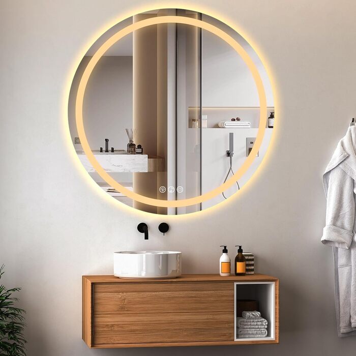 Дзеркало для ванної кімнати з підсвічуванням, 60 см, кругле, з антизапарюванням, регульоване, 3 кольори світла (80x80 см, Bluetooth, антизапар, диммування, 3 кольори)