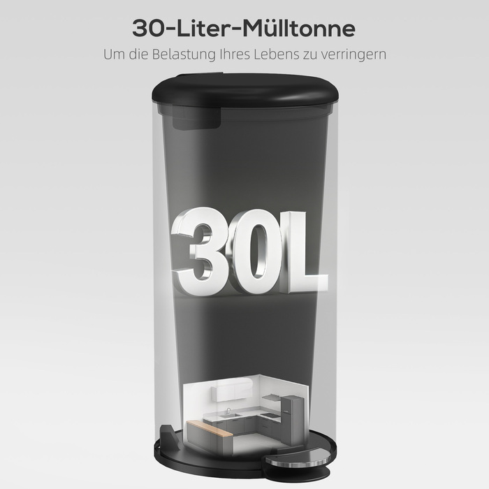 Відро для сміття 30 л з педаллю, внутрішнім відром, м'яким закриттям та кришкою. Розміри: 36 x 30 x 63,5 см, колір: чорний.