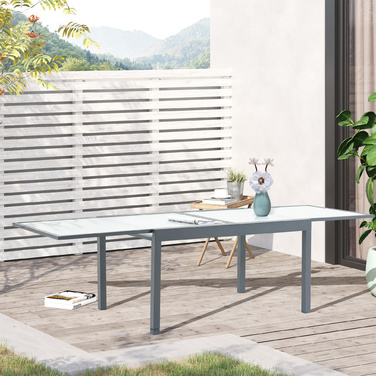 Обідній стіл Outsunny Garden зі стільницею із загартованого скла 160-210 см розкладний, алюміній, прямокутний, сіро-білий для балконних та садових меблів