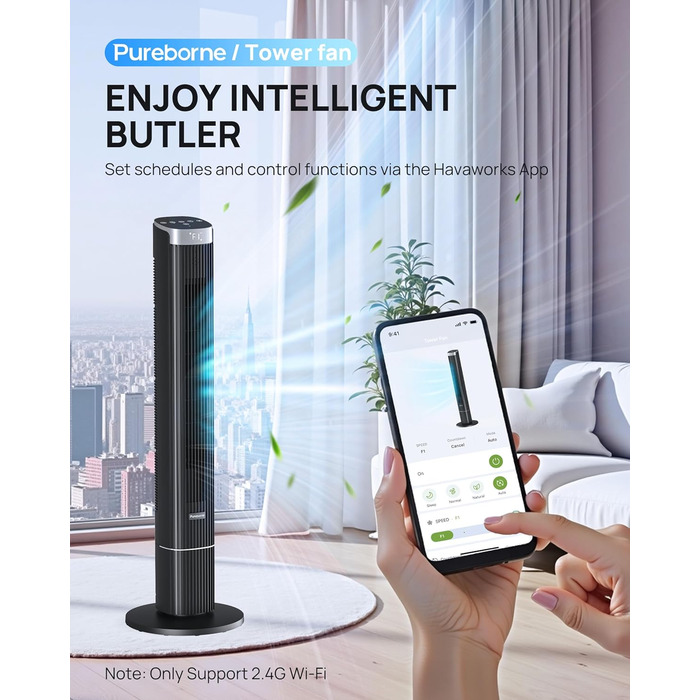 Турбовентилятор Leiser з осциляцією 90°, Wi-Fi, пульт, 4 швидкості, 4 режими, таймер 12 год, чорний, 102 см