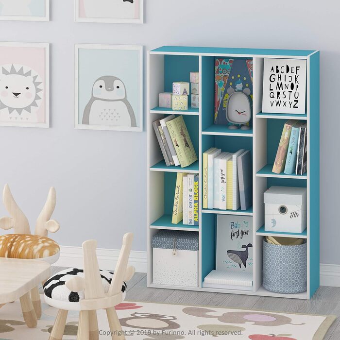 Відкрита книжкова шафа Furinno з 11 відділеннями, дерев'яна, біла/світло-блакитна, 23,88 x 73,91 x 105,92 см