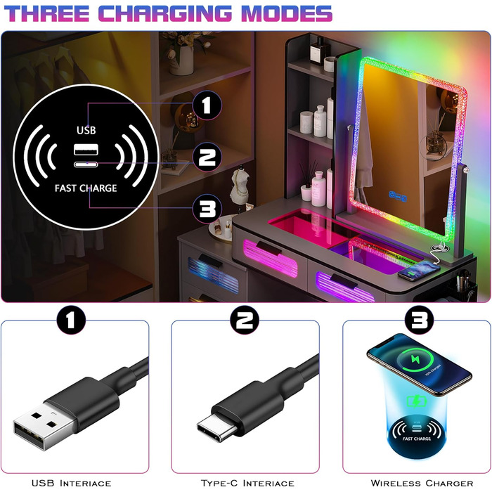 Туалетний столик Lvifur RGB з бездротовою зарядкою, USB, 7-кольоровий з регулюванням яскравості, табурет, 5 шухляд (сірий)