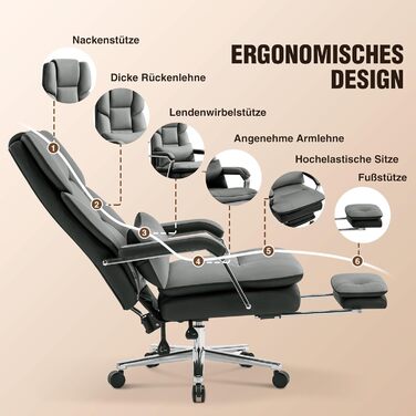 Ергономічне крісло для офісу, шкіра PU, крісло для керівника, 200 кг, з підніжкою та підтримкою попереку, для дому/офісу, регульоване, висока спинка, чорне, 1 шт.