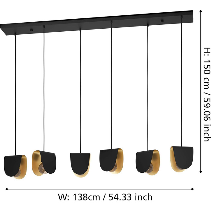 Підвісний світильник EGLO Serenara, підвісний світильник обідній стіл 6 світильників, металевий світильник для їдальні в чорному та золотому кольорах, підвісний світильник з цоколем E27, L 138 см