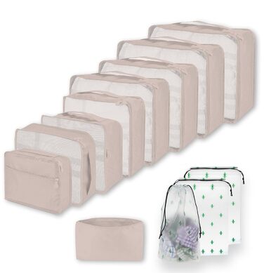 Набір органайзерів для валізи 12 предметів, водонепроникні пакувальні куби для подорожей та зберігання речей, бежевий