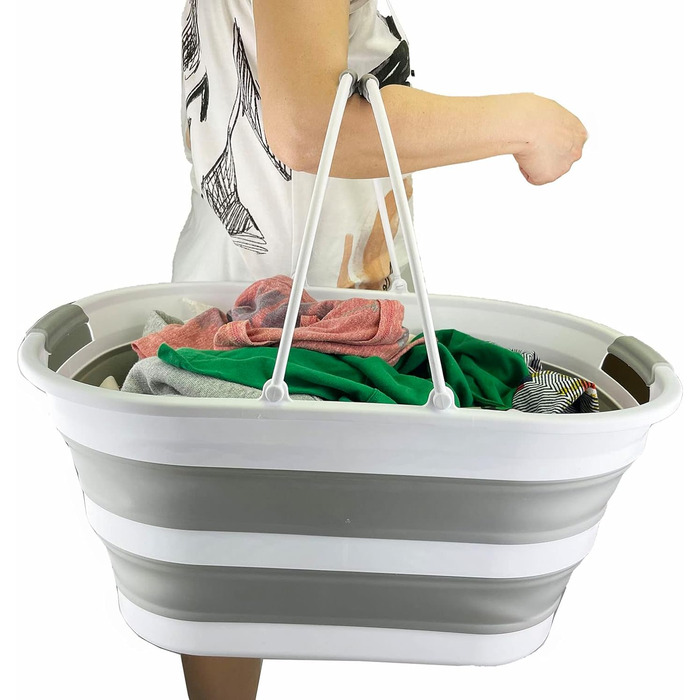 Пластиковий розбірний кошик для білизни - Овальна ванна/кошик - Складний контейнер для зберігання - Портативний лоток для прання - Компактний кошик для білизни (білий/сірий), 38L