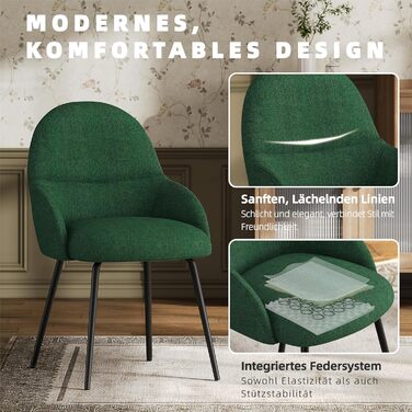 Набір обідніх стільців з підлокітниками – 6 шт. Ергономічні м'які стільці з тканинним покриттям та металевими ніжками для кухні, вітальні, їдальні, Бежевий (Leinen Tannengrün)