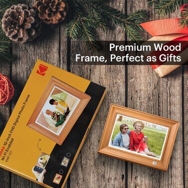 Цифровий фоторамка Kodak 10 дюймів з Wi-Fi, 32GB, IPS HD сенсорний екран, автоповорот, бездротове підключення, фото та відео, безкоштовний додаток (дерево)