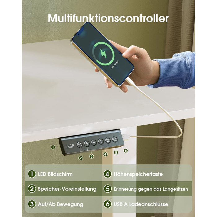 Електричний регульований стіл Flamaker з пам'яттю, ігровий стіл з USB-зарядкою (160 x 60 см)