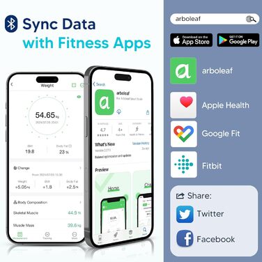 Цифрова шкала жиру в організмі arboleaf з додатком, Bluetooth, до 180 кг, вимірює вагу, ІМТ, м'язову масу тощо.