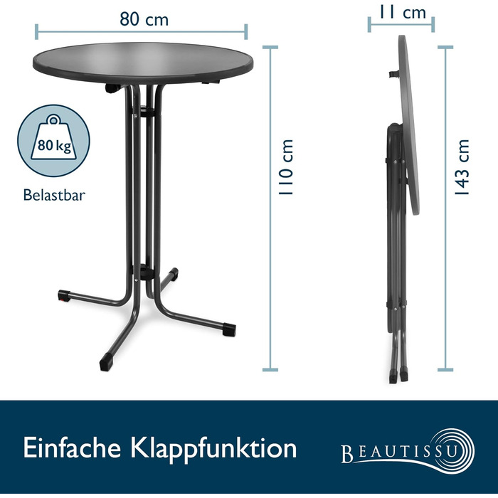 Розкладний барний стіл Beautissu Sylt Ø 80 см стійкий до погодних умов та тепла, стійкий до подряпин, регулюється по висоті, антрацит
