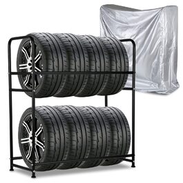 Стеляж для шин на 8 шин, 2 стійки для шин 107x46x117 см, вішалка для дисків автошин, вантажопідйомність 180 кг, стелаж для шин з захисним покриттям, регулювання висоти, для підвалу, майстерні