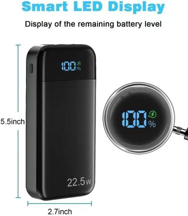 Зовнішній акумулятор 27 000 мАг, повербанк PD3.0 QC4.0 USB C 22,5 Вт, швидкий зарядний пристрій з LCD дисплеєм