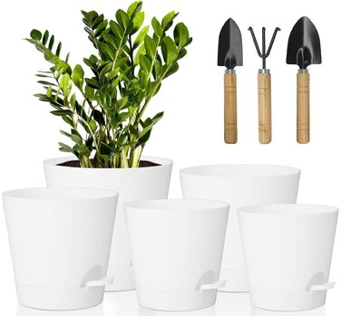 5 шт. пластикові горщики для квітів з системою поливу, 17.8/16.5/15.2/13.9/12.7 см. Самополивні горщики з підставкою, круглі, для дому, балкону, саду, сукулентів, кактусів, зелені (білі)