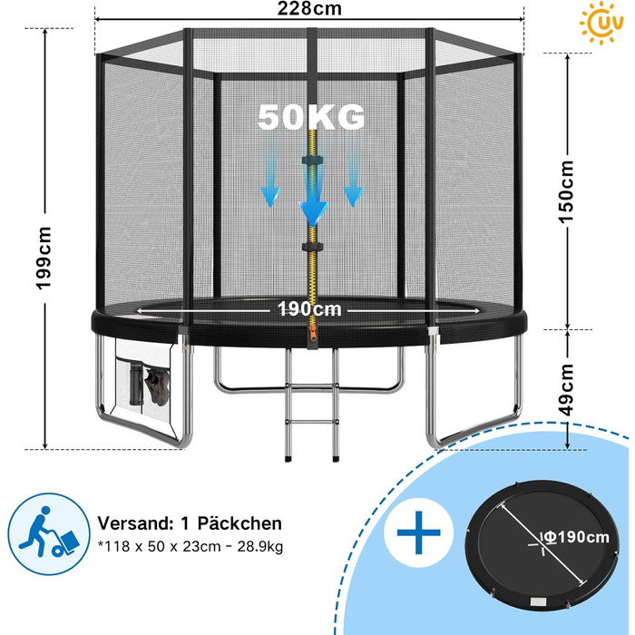 Батут Devoko вуличний Ø183/228/305/366/427 см, з сертифікатом GS, для дітей, садовий батут з сіткою, драбиною та захисним покриттям, чорний 228 см
