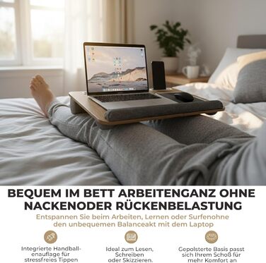 Підставка для ноутбука в ліжко та диван з подушкою, тримач для телефону та підставка для зап'ястя – підходить для ноутбуків до 17' – легка та комфортна для офісу, навчання та відпочинку (Сіра)