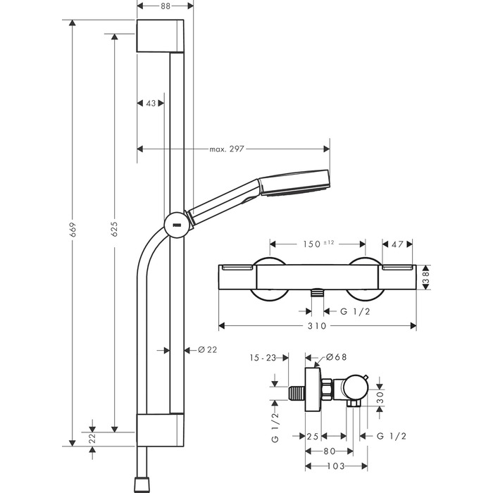 Змішувач Hansgrohe Ecostat Element для ванної кімнати з термостатом (SafetyStop 40°C), для 2 споживачів, комплект з душовою лійкою та штангою 65 см (Mattschwarz)