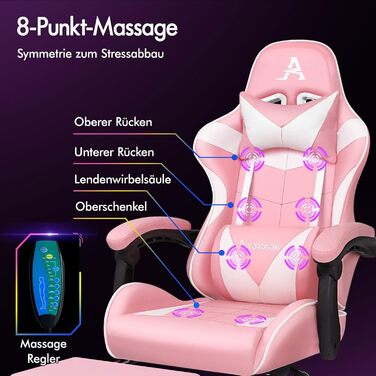 Ігровий крісло Alfordson з регульованою підніжкою, 8 точками масажу, нахилом 150°, PU-шкіра, чорний (Eryx - Рожевий, серія Eryx)