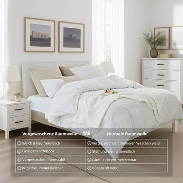 Бетліна 200x220 з бавовни бежевого кольору, супер м'яка, 100% предмита бавовна з льоноподібною структурою, сертифікат ÖKO-TEX. Комплект постільної білизни 200x220 з двома наволочками 80x80 з блискавкою (135x200 см, білий)