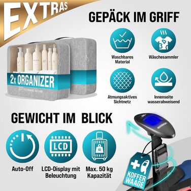 Набір валіз Monzana® 4шт: валіза, органайзер, ваги, ремінь, ручки, колеса, ніжки, блакитний колір. Розміри S, M, L, XL
