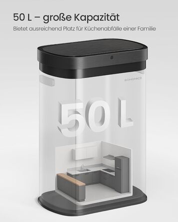 SONGMICS Відро для сміття з сенсором, автоматичне, 50 л, відкриття рухом руки або дотиком, Softclose-кришка, сталь, з 15 мішками для сміття, LTB640B02 (металік срібло + чорний)