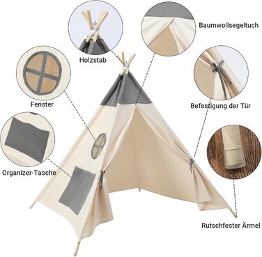 Kinder Tipi Zelt - класичне індіанське намет для дітей, бавовняний намет для дівчаток та хлопчиків з сумкою, складане ігрове будиночок для дому та на вулицю