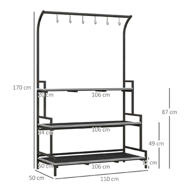 Outsunny Plant Stand Підставка для квітів з 3 ярусами та 6 гачками, сталеві сходи для рослин у чорному кольорі, 110x50x170см для саду та балкона