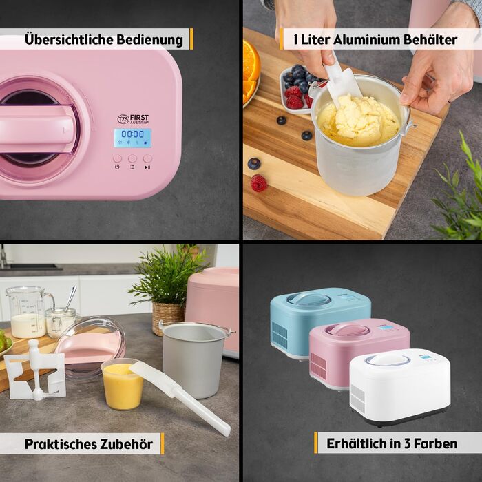 Електрична машина для приготування морозива TZS First Austria 1L з компресором 3 в 1 - для морозива, сорбету та замороженого йогурту, з мірним стаканом та лопаткою, рожева