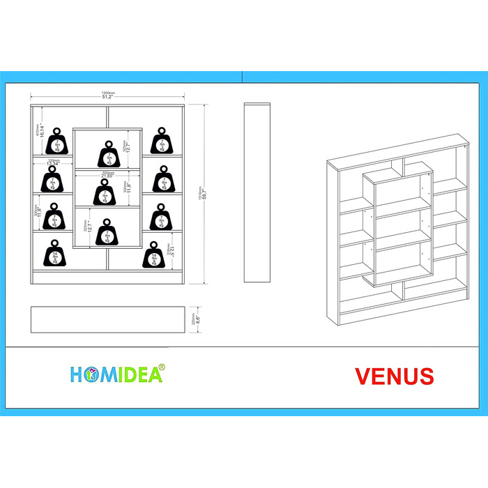 Книжкова шафа Homidea Venus - Стояча полиця - Офісна полиця - Кімнатна полиця для вітальні/кабінету в сучасному дизайні (Білий/Горіх) Білий / Горіх