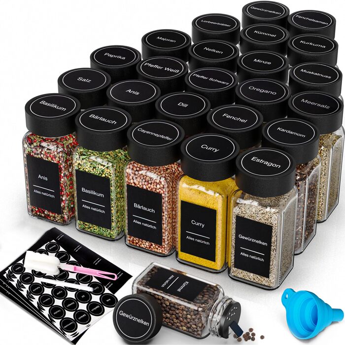 Набір баночок для спецій на 24 шт. (120 мл) – чорний, з кришками, ситечком, воронкою та 340 етикетками | Органайзер для спецій