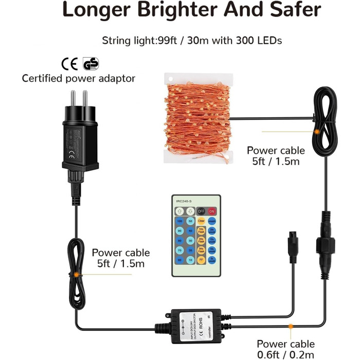 LED гірлянда на батарейках 50м, 500 LED, мідний дріт, зірочки, диммування, пульт, для декору, різдвяні вогні, водонепроникна, для саду, тераси, кімнати