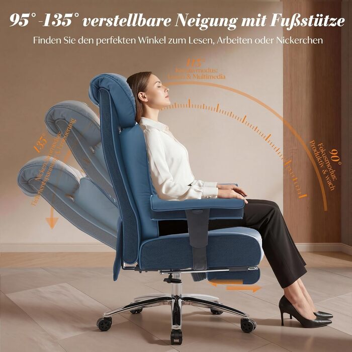 Офісний стілець Efomao XXL 200 кг з підставкою для ніг, штучна шкіра, висока спинка, регульовані підлокітники, підтримка попереку, сірий - для дому та офісу