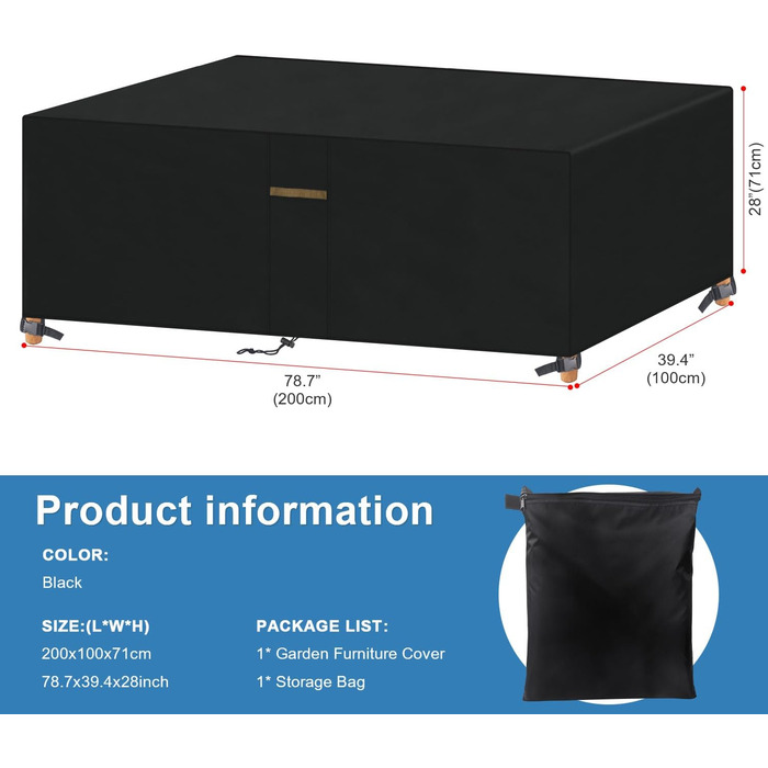 Водонепроникний чохол для садово-патіо меблів VANSHEIM, 60x60x60 см / 200x100x71 см, захисна накривка для столу та групи, з вентиляційними отворами, вітростійкий