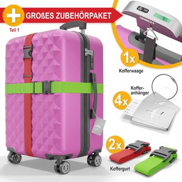 Набір валіз Onbest Premium 4-в-1 з жорстким корпусом, TSA-замком та USB-портом. В комплекті: ваги, ремені, адресники, тримач для напоїв, чохол для взуття та чотири чохли від пилу. Рожевий колір.
