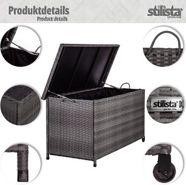 Ящик для подушок STILISTA® з ротангу (поліротанг) 122x62x56 см з кришкою, автоматичним підйомним механізмом, внутрішньою підкладкою, колесами та ручками, 4 кольори
